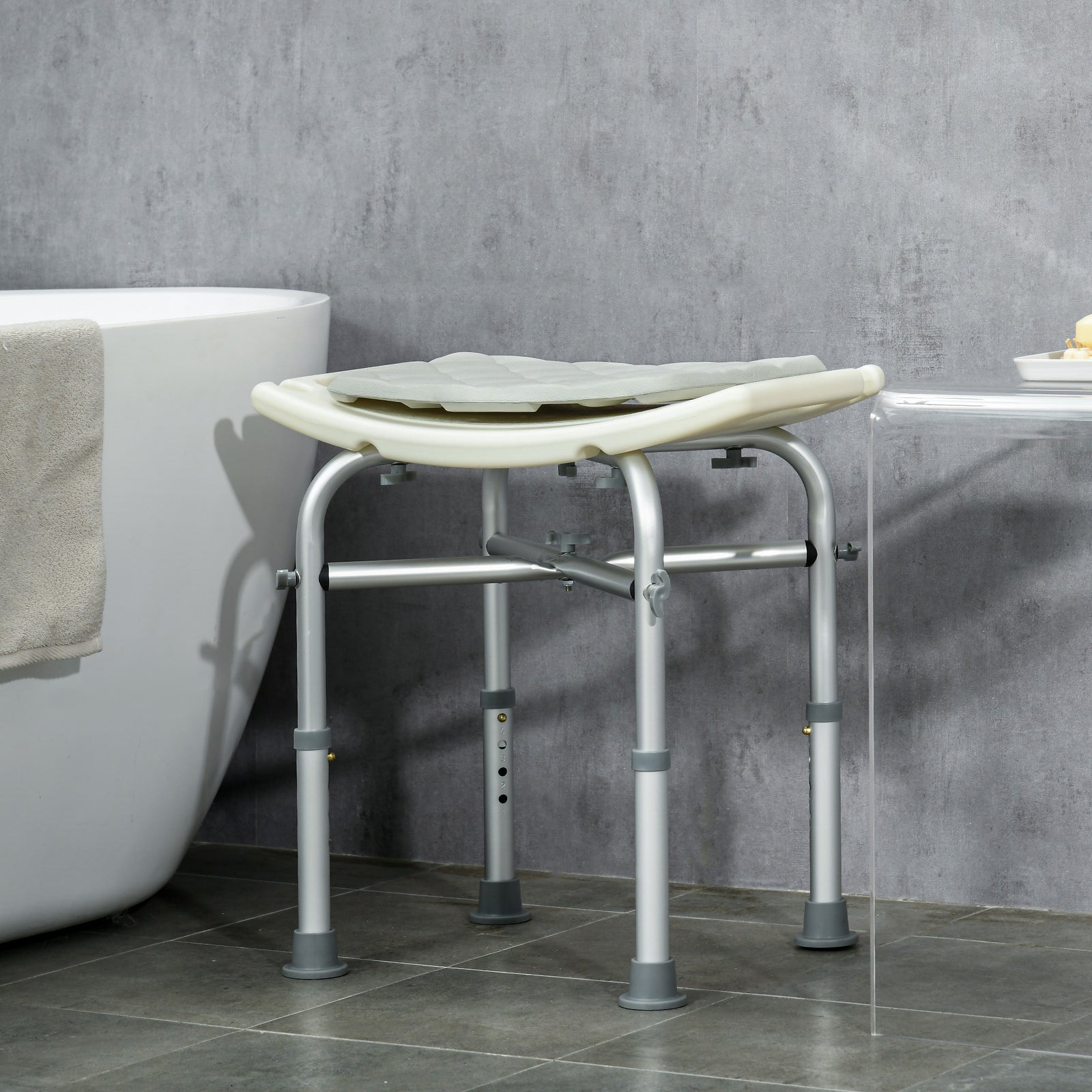 Aluminium Shower Stool for Elderly, Height Adjustable Shower Seat with Removable Padded Cushion, Shower Head Holder, Non-Slip Bath Stool for Seniors, Disabled, Pregnant, White