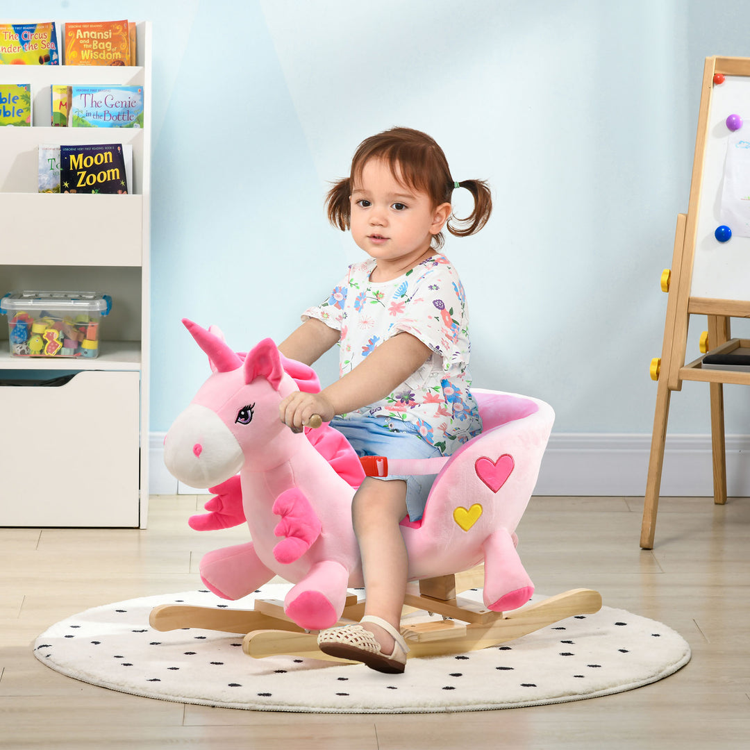 HOMCOM Kids Rocking Horse Ride on Unicorn with Songs, Wooden Base, Seat Belt, for 18-36 Months