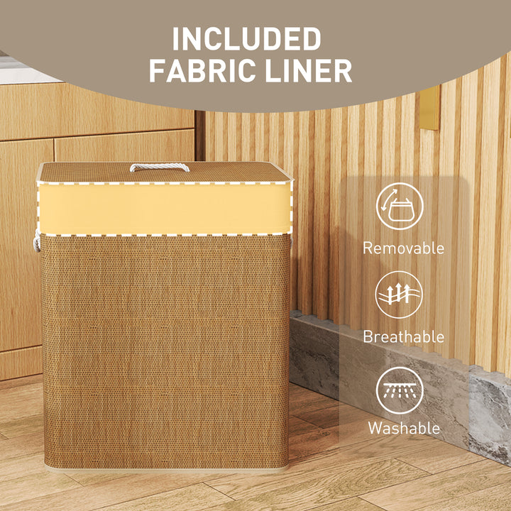 Double Laundry Basket with Lid, 100L Bamboo Laundry Hamper with Rope Handles, Washing Basket with Removable Liner for Bathroom, Bedroom, Brown