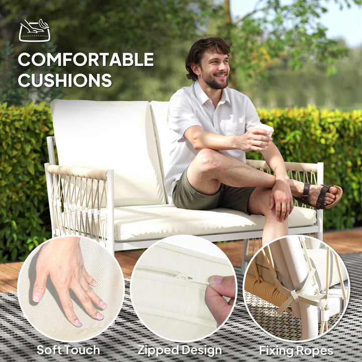 4 Piece Rattan Garden Furniture Set, 4 Seater Wicker Patio Conversation Set with 2 Armchairs, Loveseat, Glass Top Coffee Table and Cushions for Outdoor, Balcony, Khaki