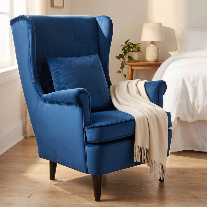 Modern Accent Chair with High Backrest and Pillow, Velvet-Feel Fabric 