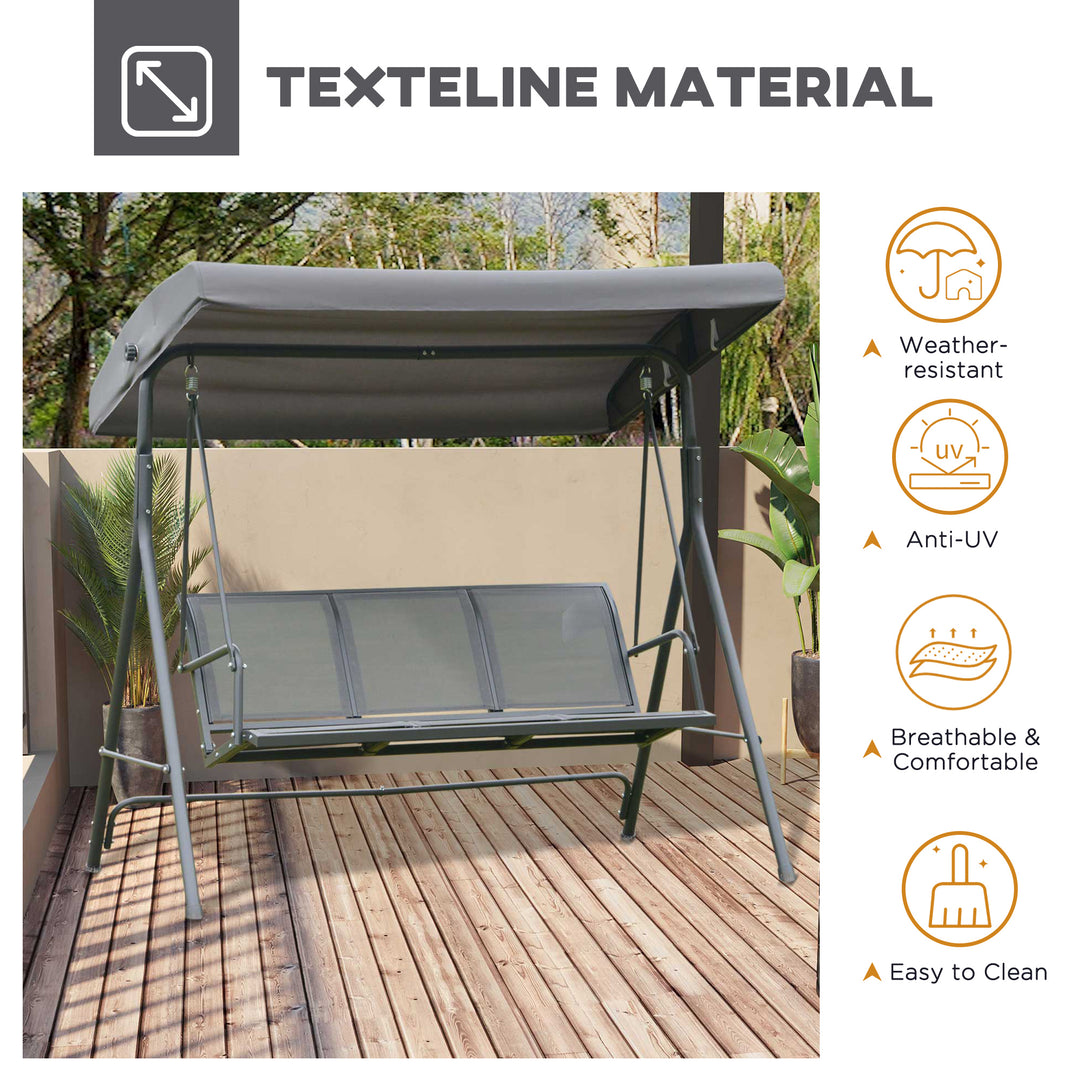 3 Seater Swing Chair, Garden Swing Bench with Canopy, Breathable Mesh Seat and Heavy Duty Steel Frame for Patio, Yard, Grey