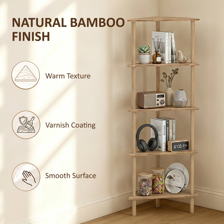 Bamboo Storage Shelf, 5-tier Corner Shelf, Freestanding Shelving Unit 