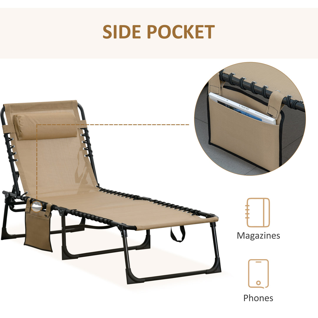 Portable Sun Lounger, Folding Camping Bed Cot, Reclining Lounge Chair 5-position Adjustable Backrest with Side Pocket, Pillow for Patio Garden Beach Pool, Beige