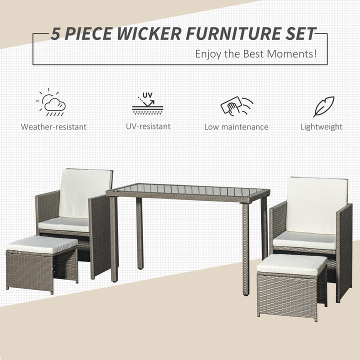 2 Seater Rattan Cube Garden Furniture Set, Rattan Dining Set with Cushions, Outdoor Dining Table and Chairs with 2 Armchairs, 2 Stools, Rectangular Glass Top Table for Patio, Balcony, Grey