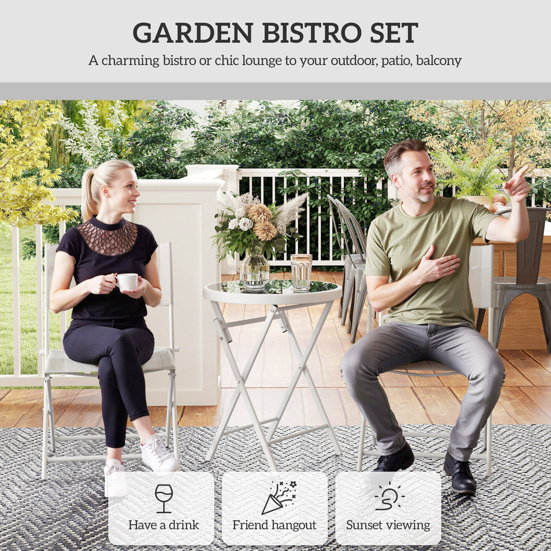 3 Pieces Outdoor Bistro Set, Glass Top Outdoor Table and 2 Folding Chairs with Protecting Feet, White