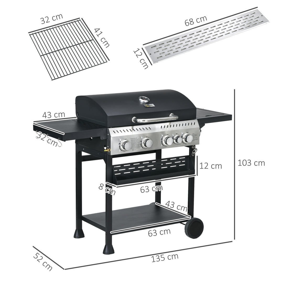 Five-Burner Steel Gas Grill, with Thermometer - Black