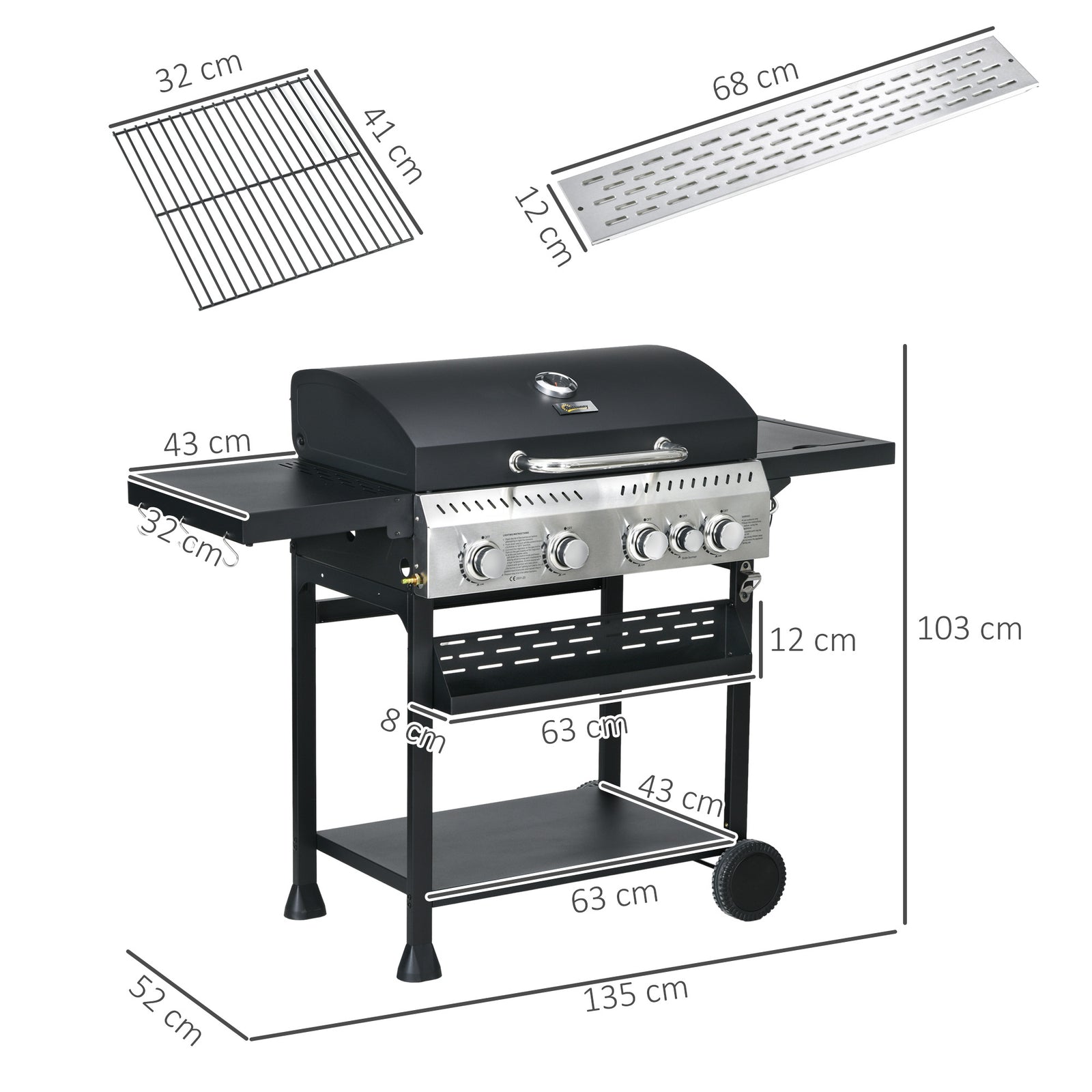 Five-Burner Steel Gas Grill, with Thermometer - Black