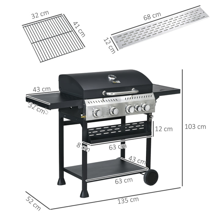 Five-Burner Steel Gas Grill, with Thermometer - Black
