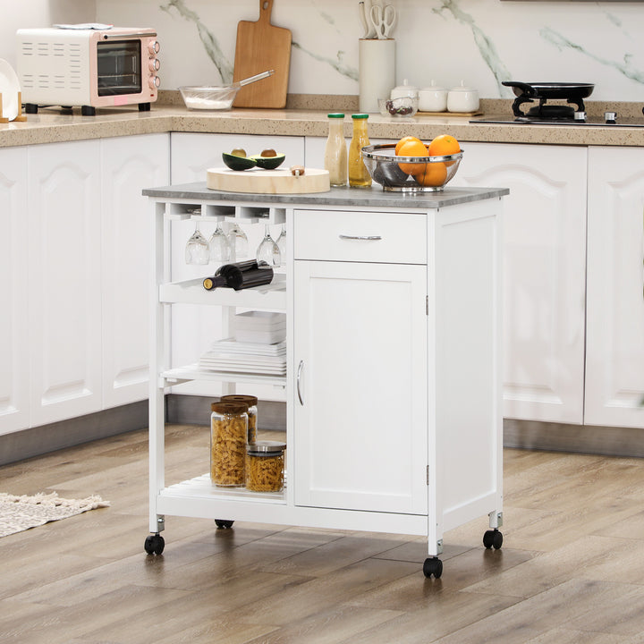 HOMCOM Compact Kitchen Trolley Utility Cart on Wheels with Wine Rack, Drawer, Open Shelf and Storage Cabinet for Dining Room, White