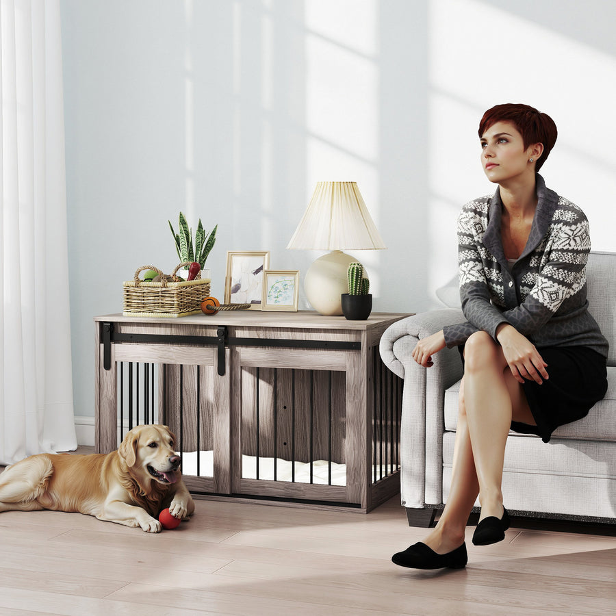 98cm Dog Crate Furniture with Removable Cushion for Large Dogs - Brown