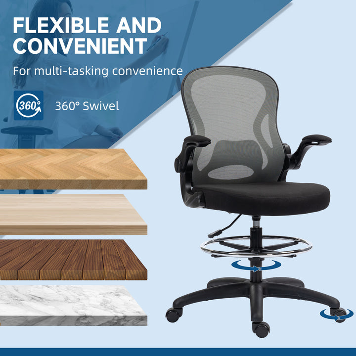Adjustable Mesh Standing Desk Chair with Flip-up Armrests Lumbar Support Armrests Adjustable Footrest Ring, Dark Grey