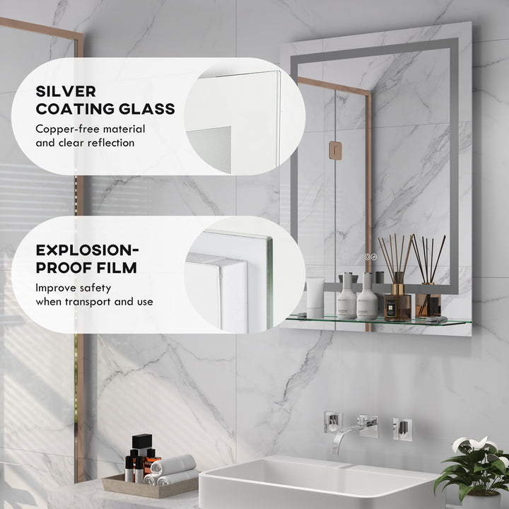 Large Vanity Mirror with Lights and Shelf, Illuminated bathroom Mirror with 3 Colour Brightness, Smart Touch, Anti-Fog