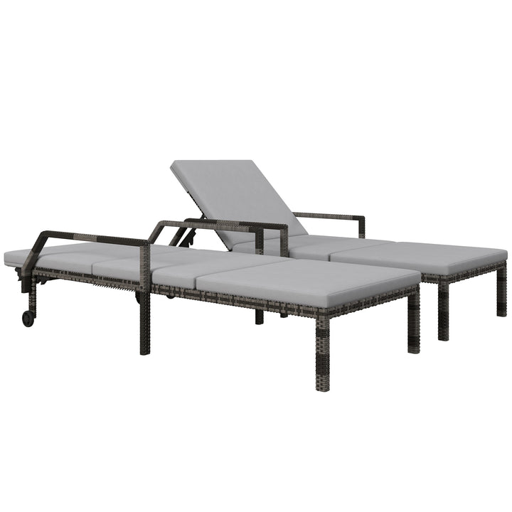 Outdoor PE Rattan Sun Lounger Set of 2, Wicker Chaise Recliner Garden Chair with 5-Level Adjustable Backrest and 2 Wheels, Grey