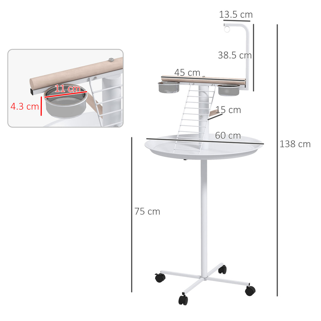 PawHut Bird Stand with Four Wheels, Perches, Stainless Steel Feed Bows, Round Tray, for Garden, Indoor, Outdoor - White | Aosom UK