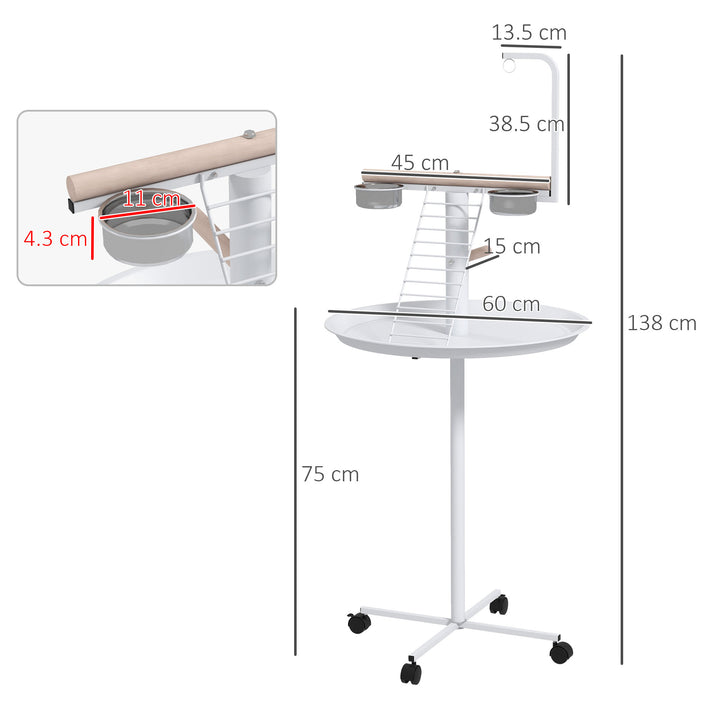 PawHut Bird Stand with Four Wheels, Perches, Stainless Steel Feed Bows, Round Tray, for Garden, Indoor, Outdoor - White | Aosom UK