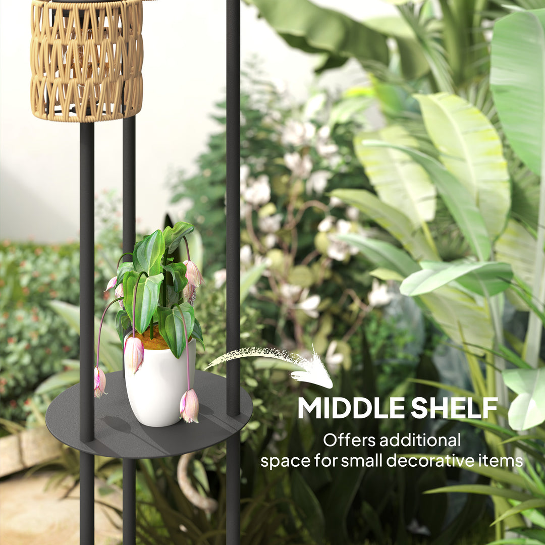Boho Rattan Floor Lamp, 3-Lights Rattan Lamp with Shelf, Freestanding Solar Garden Light with Auto On/Off Lights, IP44 Waterproof for Porch, Pathway, Deck, Yellow