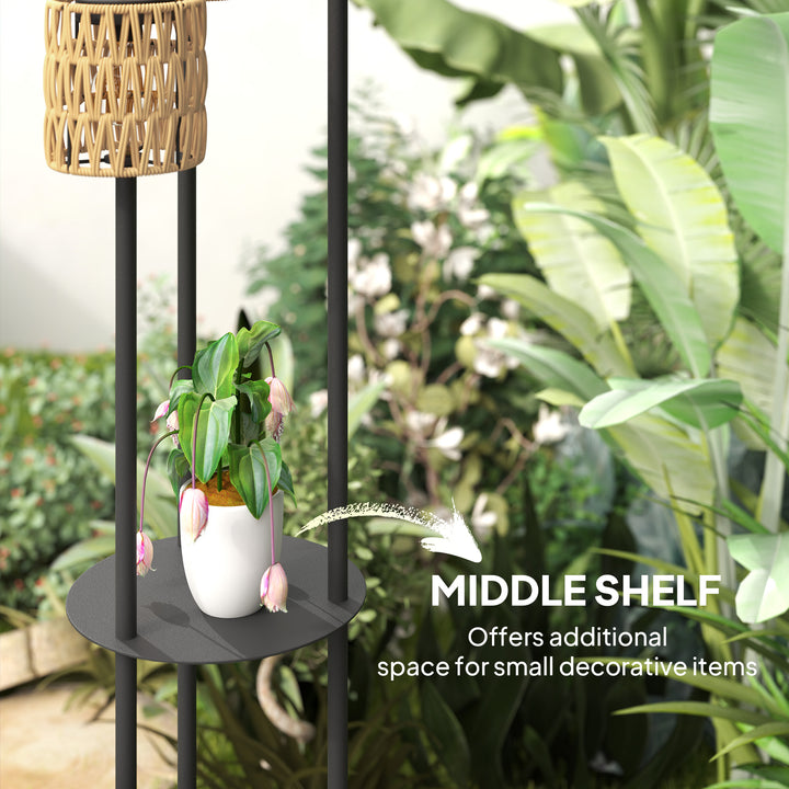 Boho Rattan Floor Lamp, 3-Lights Rattan Lamp with Shelf, Freestanding Solar Garden Light with Auto On/Off Lights, IP44 Waterproof for Porch, Pathway, Deck, Yellow