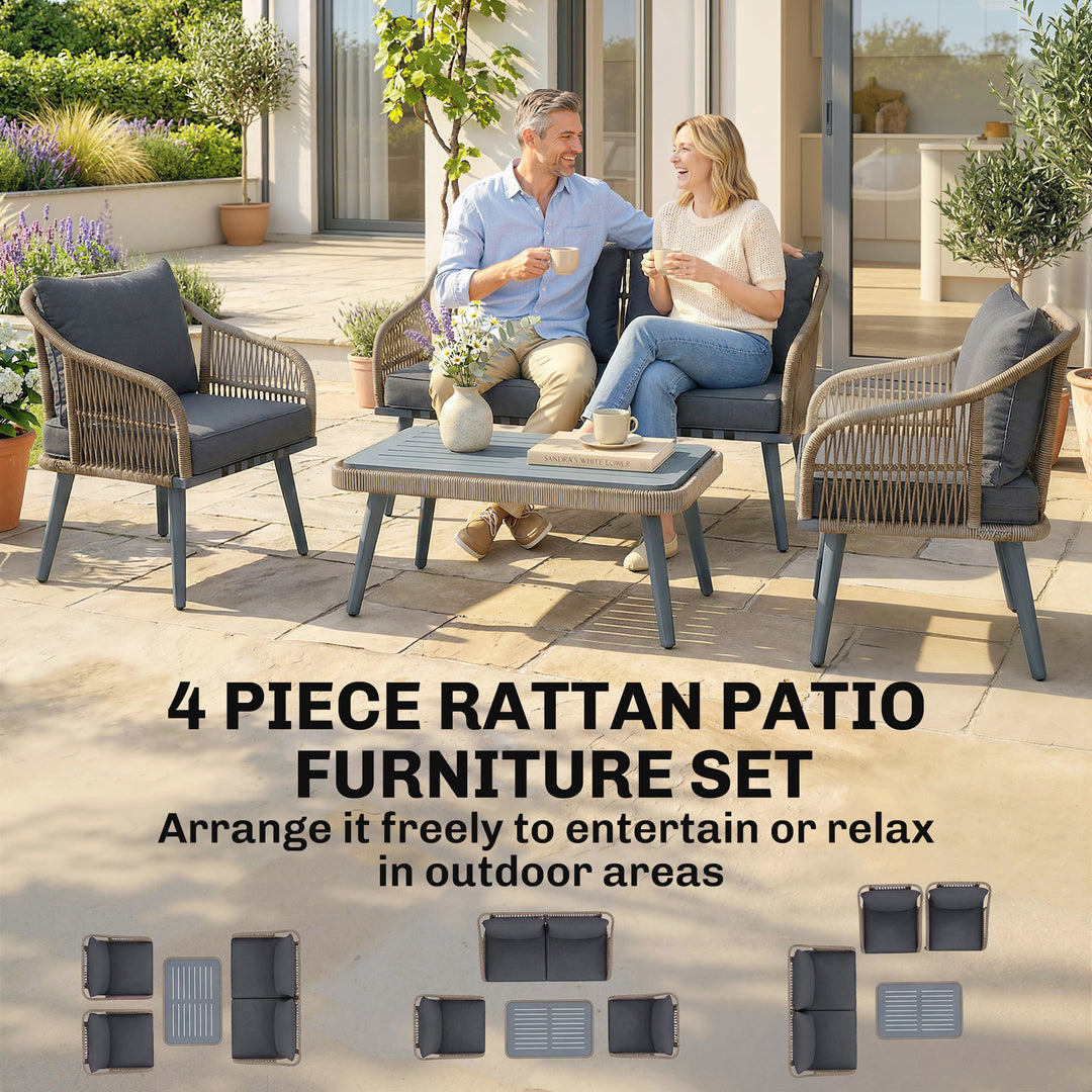 4 Piece Rattan Garden Furniture Set with Loveseat, Wicker Patio Conver