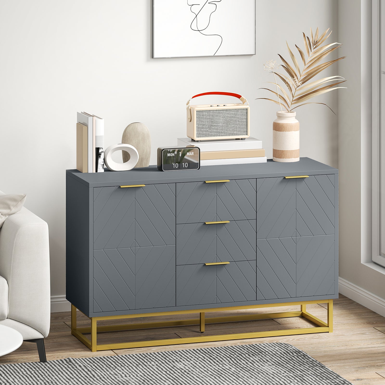 Sideboard with 3 Drawers and Adjustable Shelves for Living Room - Grey