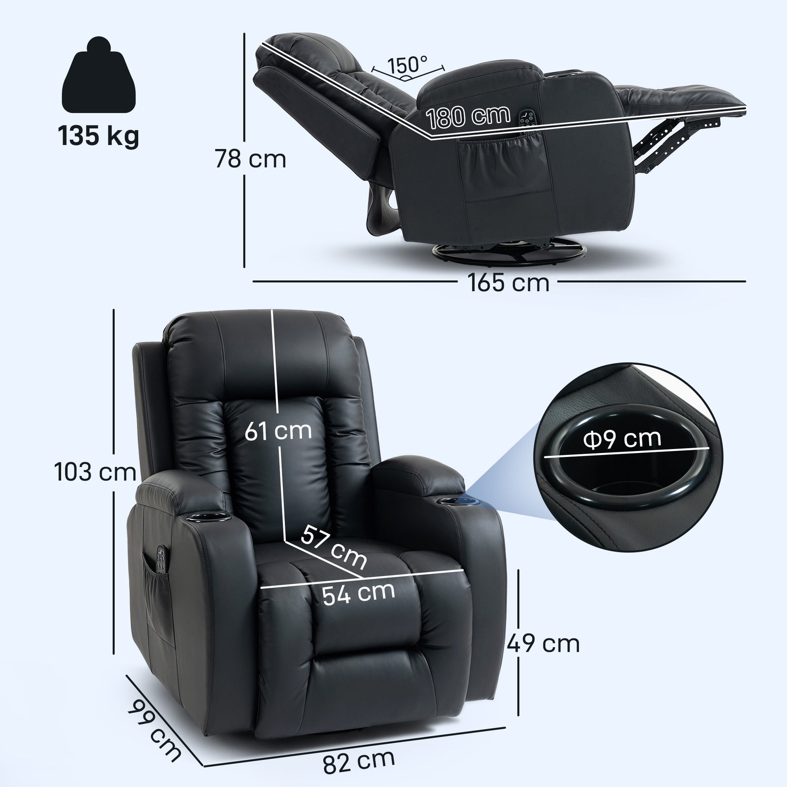 PU Leather Recliner Chair, Recliner Armchair with Extended Footrest, C