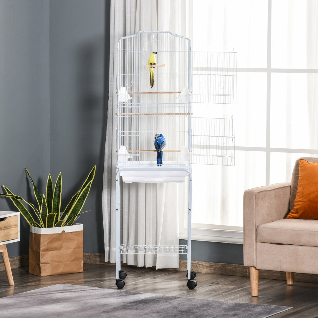 MCL Bird Cage Budgie Cages for Finch Canary Parakeet with Stand Wheels Slide-out Tray Accessories Storage Shelf, White 46.5 x 36 x 157 cm