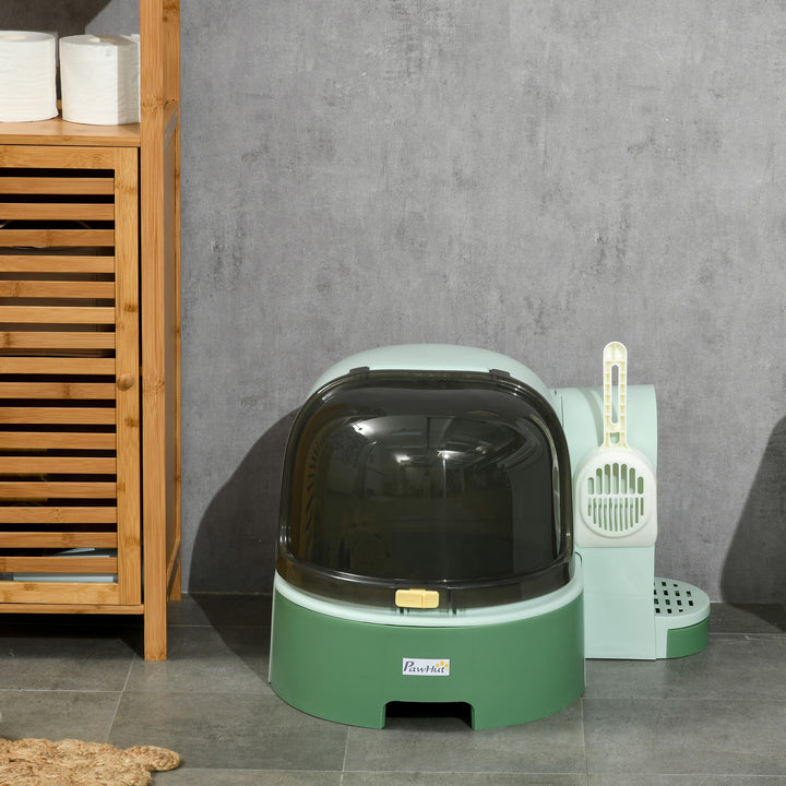2 in 1 Cat Litter Box, with Drawer Pans, Scoop, Openable Cover - Green