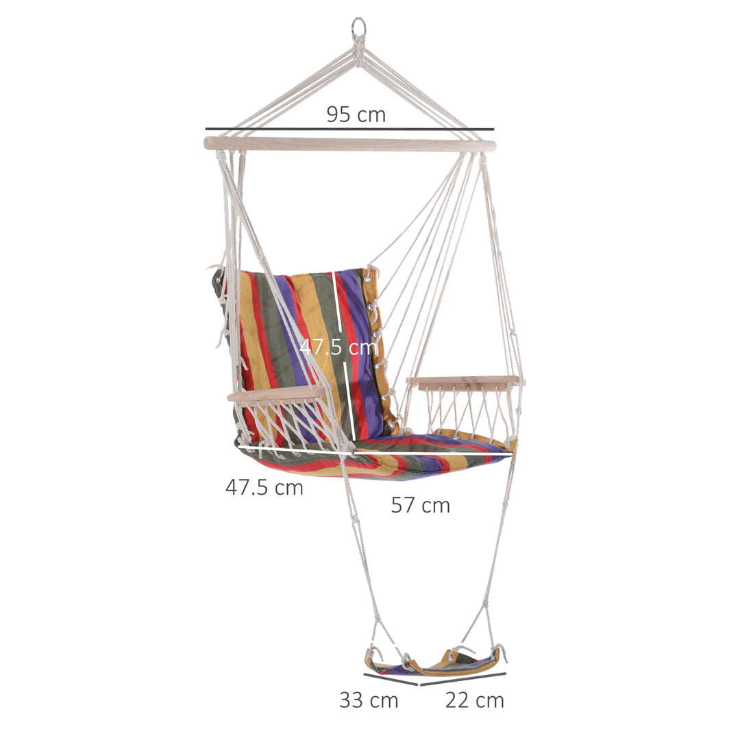 Hanging Rope Chair with Soft Padded Seat & Backrest, Portable Garden Hammoc Chair with Wooden Support Bar, Armrests, Cotton Cloth, Footrest, for Patio & Tree, Red