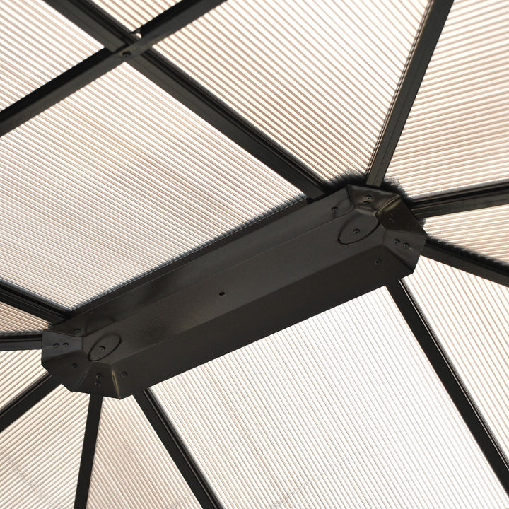 MCL 3.6 x 4m Hardtop Gazebo Canopy with Polycarbonate Roof and Aluminium Frame, Garden Pavilion with Mosquito Netting and Curtains