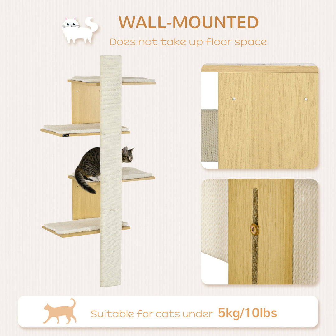 Four-Layer Wall-Mounted Shelf, with Cushions, Scratching Board - Oak Tone
