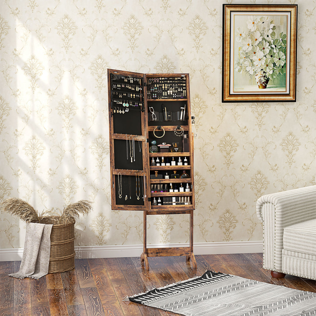 Jewellery Cabinet with LED Light, Lockable Jewellery Organiser with Full-Length Mirror for Bedroom Dressing Room, Rustic Brown