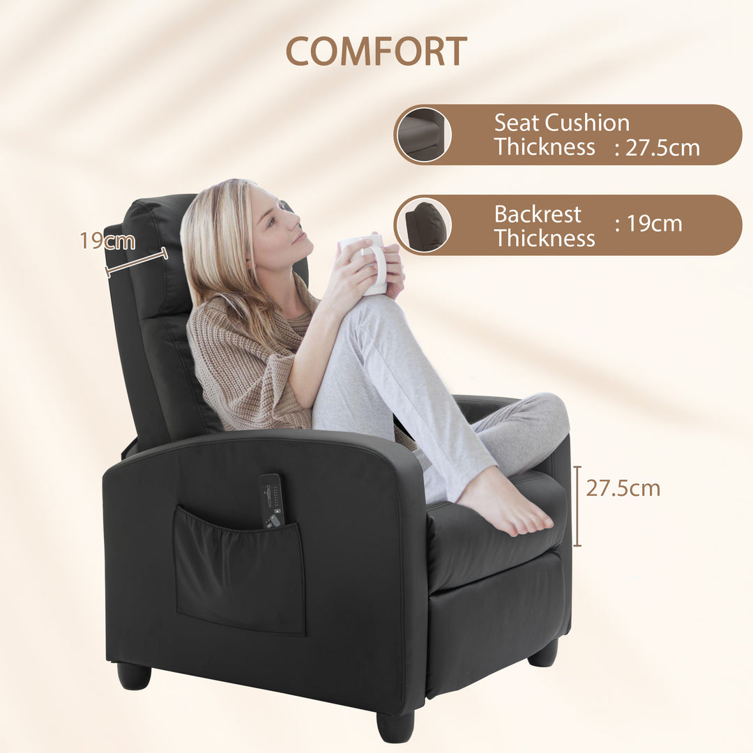 Recliner Armchair, Massage Faux Leather Push Back Reclining Chair with Adjustable Leg Rest, Side Pocket, for Home Living Room Theatre, Black