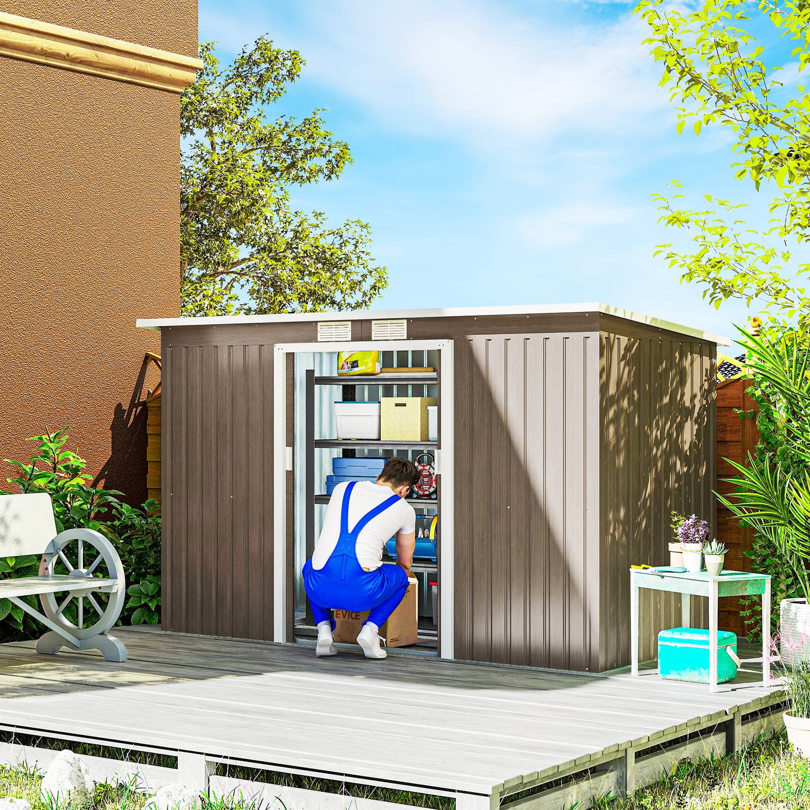 4 x 9ft Metal Shed, with Foundation Shed - Brown