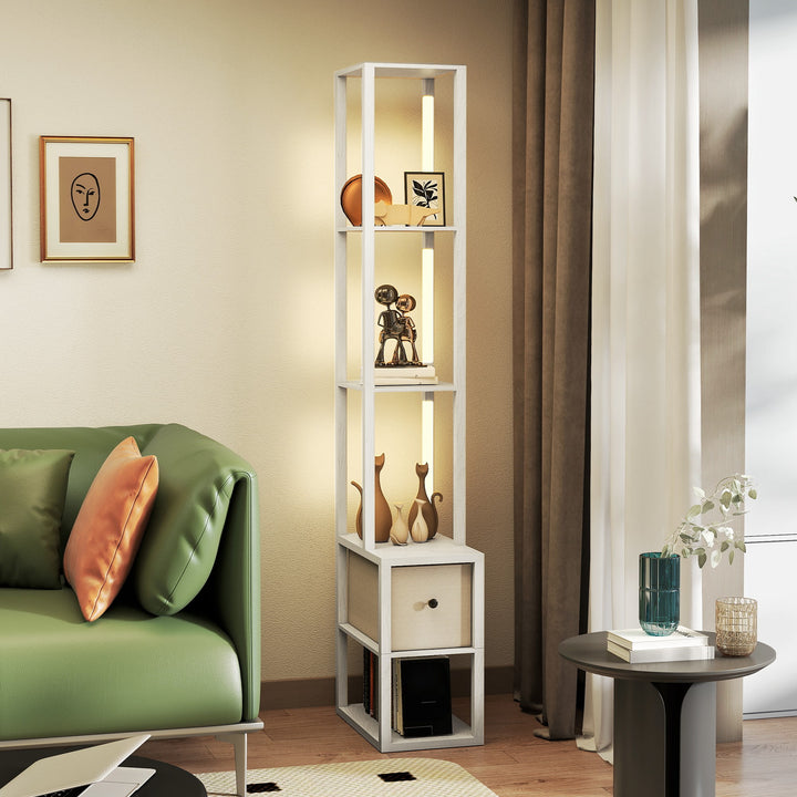 Floor Lamp with Shelves, LED Column Modern Standing Lamp with Fabric Drawer, Adjustable Brightness, Foot Switch for Living Room, Bedroom, Office, White