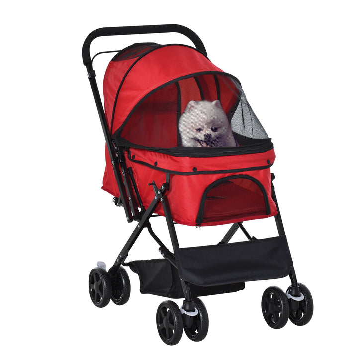 PawHut Pet Stroller Dog Travel Pushchair Foldable Jogger with Reversible Handle EVA Wheel Brake Basket Adjustable Canopy Safety Leash Red | Aosom UK