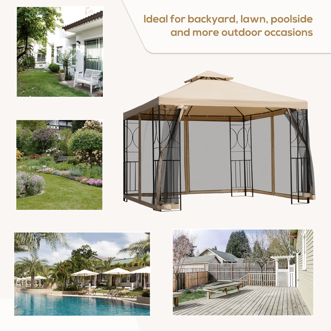 3(m) x 3(m) Garden Gazebo, Double Roof Outdoor Gazebo Canopy Shelter with Netting, Solid Steel Frame for Garden, Lawn, Backyard and Deck