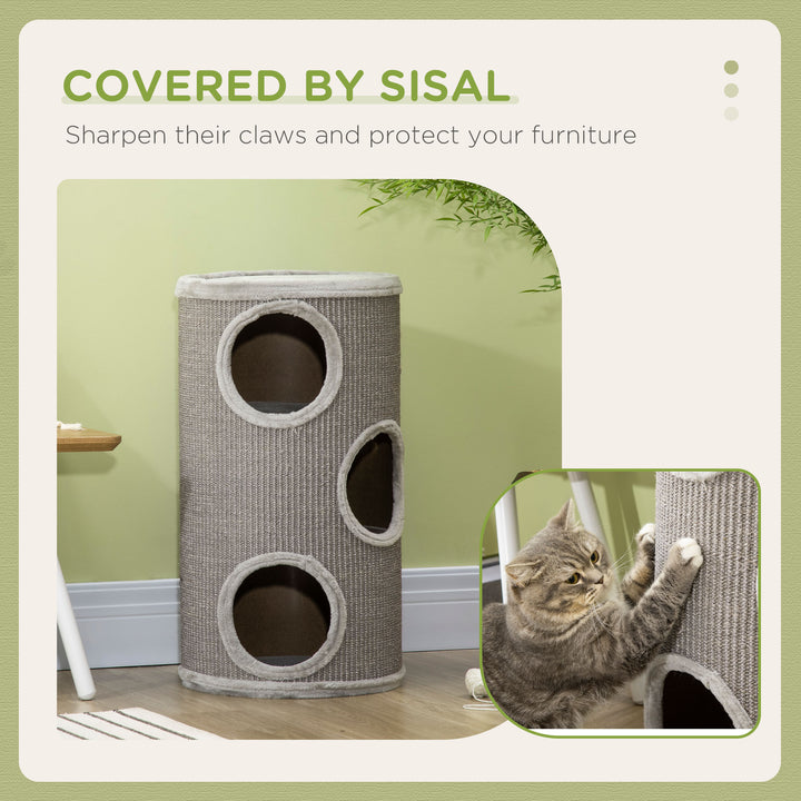 PawHut Cat Tree Barrel, Kitten Climbing Tower, Indoor Sisal Covered, Cosy Platform, Light Grey | Aosom UK