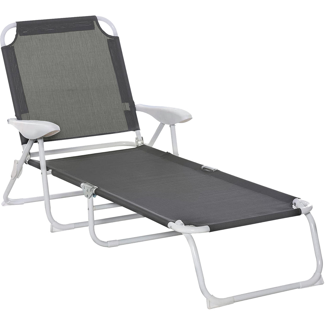 Foldable Sun Lounger, Outdoor 4 Level Adjustable Backrest Reclining Lounge Chair with Armrests for Patio, Garden, Dark Grey