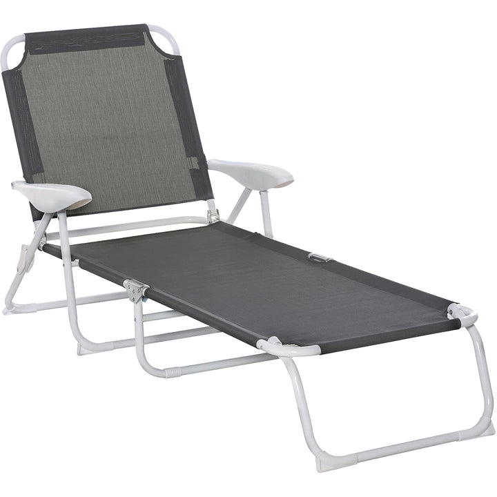 Foldable Sun Lounger, Outdoor 4 Level Adjustable Backrest Reclining Lounge Chair with Armrests for Patio, Garden, Dark Grey