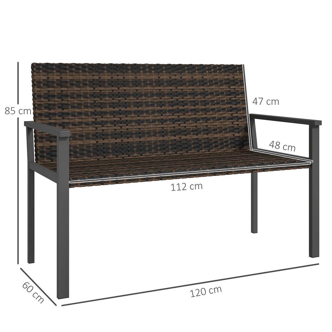 2 Seater Rattan Garden Bench, Outdoor Bench with Quick-Drying Cotton Padding, Wicker Garden Loveseat with Armrests, Steel Frame for Patio, Park, Mixed Brown