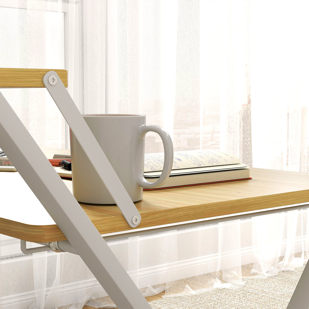 Compact Folding Desk for Small Spaces, Foldable Computer Desk with Storage Shelf for Home Office, 2-Tier Study Writing Table, 86 x 66 x 82 cm, Maple Wood-effect