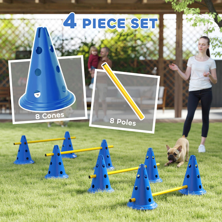 Dog Agility Equipment Set of Eight Cones, Eight Poles w/ Carry Bag, Four-Piece Adjustable Height Jumping Obstacles Blue