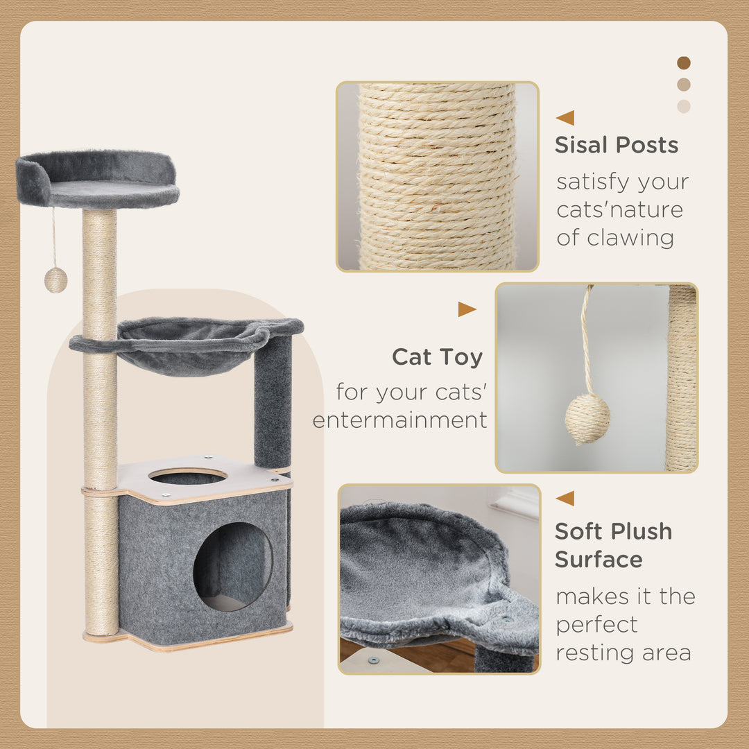 Cat Tree for Indoor Cats 95cm Climbing Tower Kitten Activity Center with Sisal Scratching Post Perch Roomy Condo Hammock Removable Felt Hanging Toy, Grey