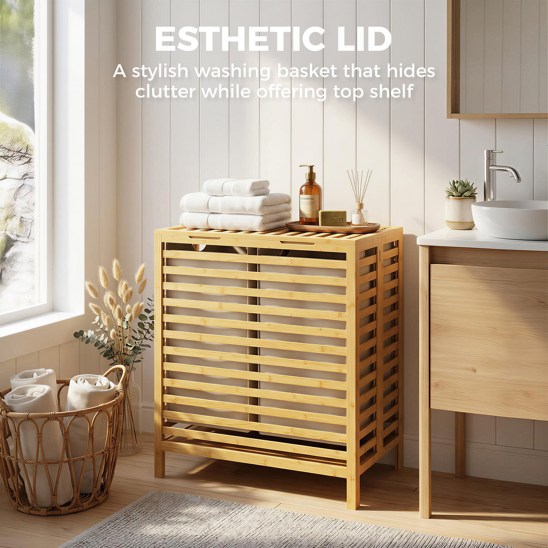 Bamboo Laundry Basket with Lid, 2 Baskets, Foldable, 64L, Natural and 