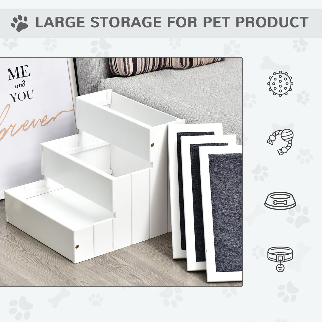 PawHut 3 Step Wooden Pet Stairs, Carpeted Ramp for Cats & Small Dogs, Non-Slip Carpet, Compact, White | Aosom UK