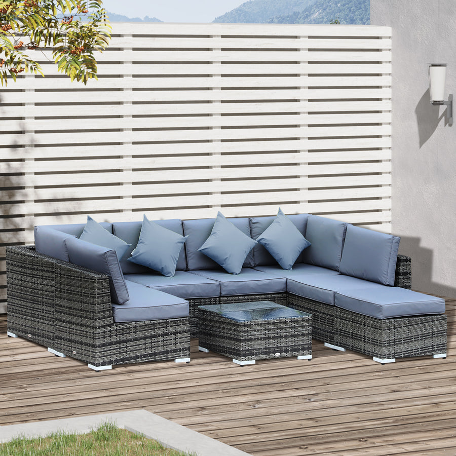 8 Piece Rattan Corner Sofa Set with Wide & Deep Seat, Assembled Aluminium PE Rattan Garden Furniture Set with Thick Cushions and Glass Top Table for Outdoor, Conservatory, Grey