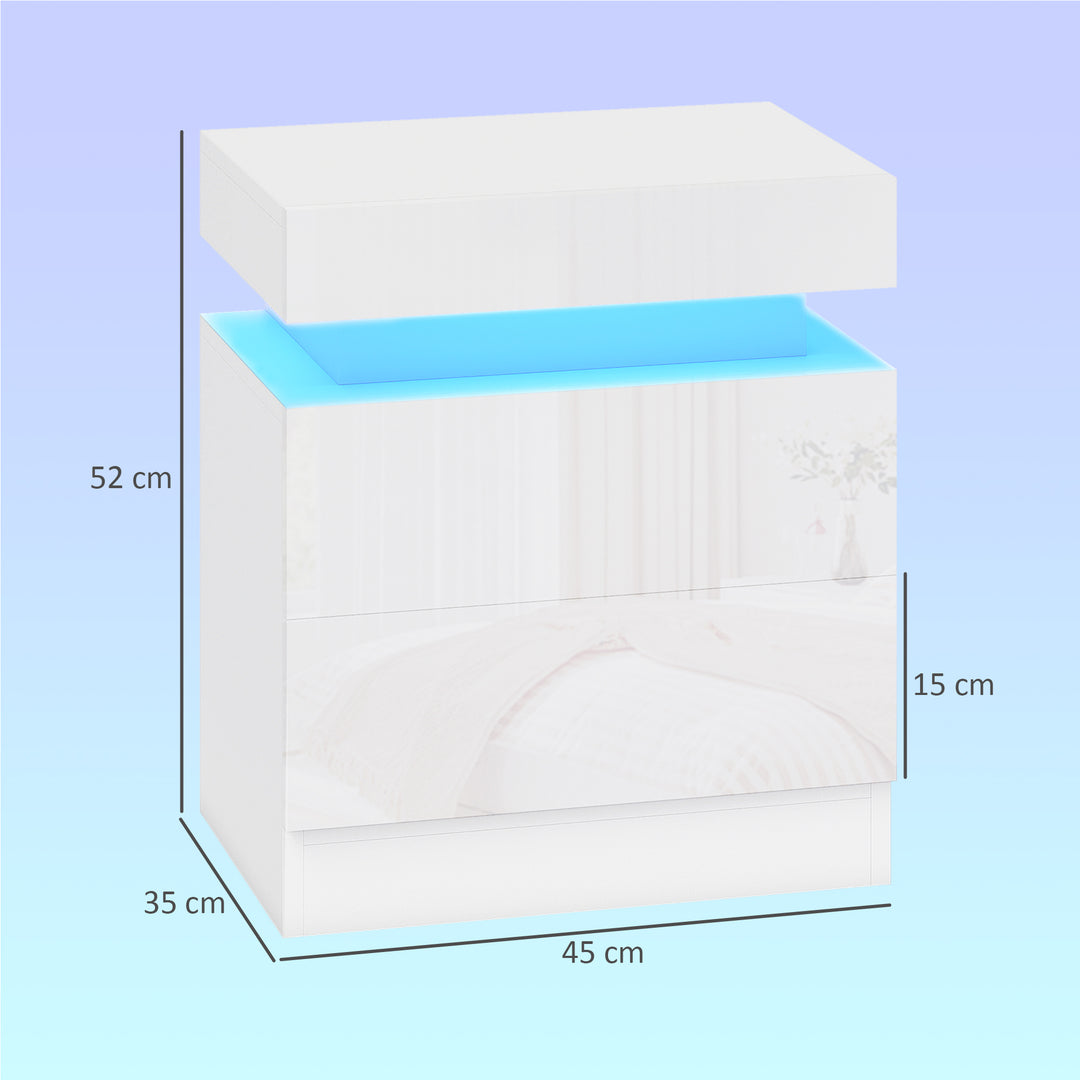 White Bedside Table with LED Light, High Gloss Front Nightstand with 2