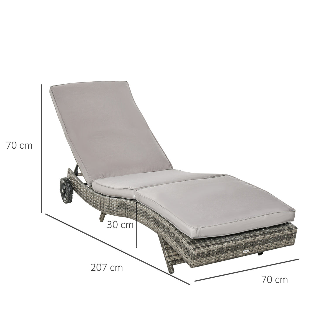 Patio Wicker Chaise Lounge Chair, Outdoor PE Rattan Sun Lounger with Adjustable Backrest and 2 Wheels, Grey