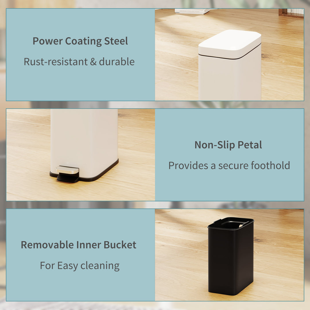 5L Rectangular Compact Bin Steel Body Removable Bucket Quiet-Close Lid w/ Pedal Lid Rubbish Trash Can Home Office Bedroom Bathroom Living Room Garbage Tidy Clean White