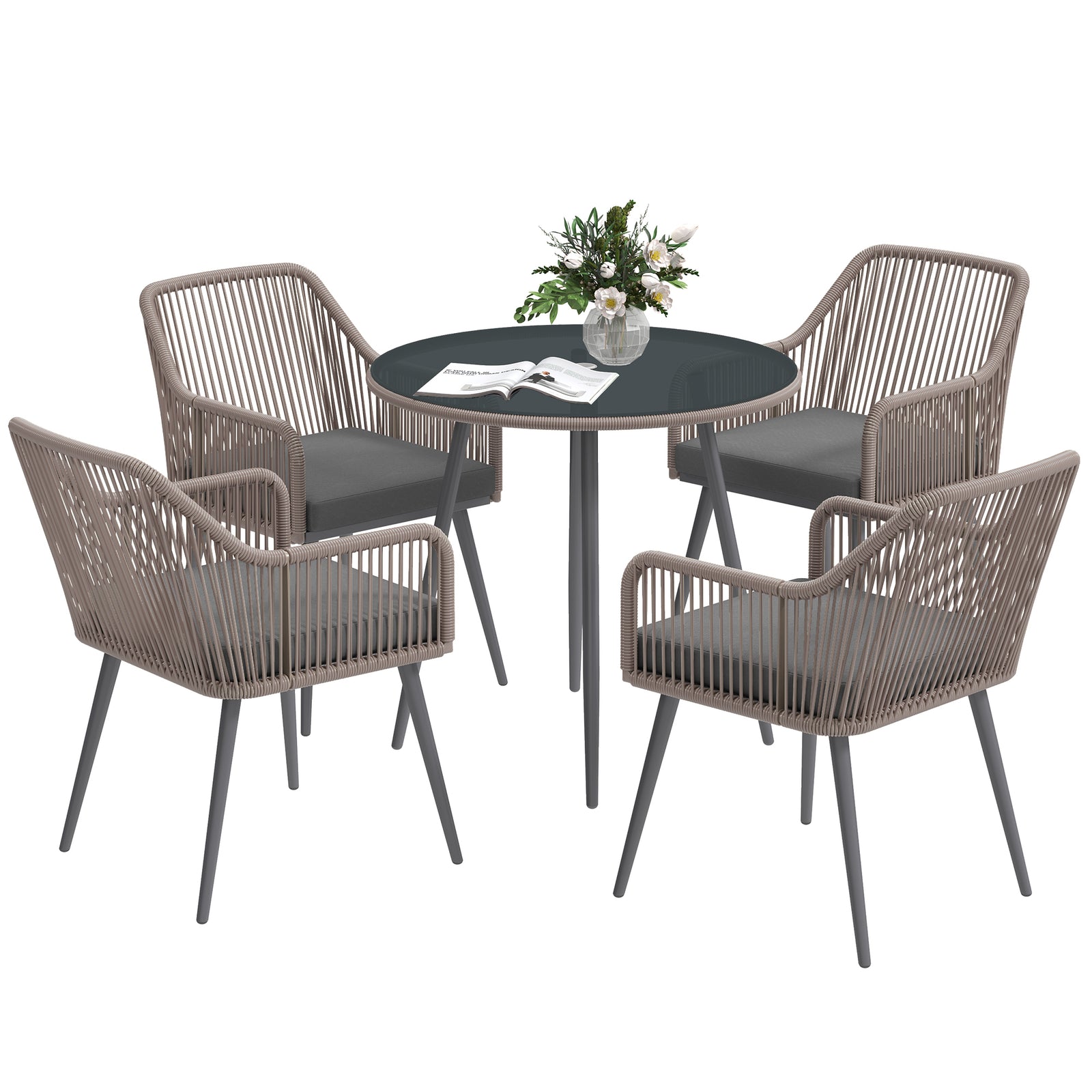 4 Seater Rattan Dining Set, Rattan Garden Furniture Set with Parasol Hole, Outdoor Dining Table and Chairs Set with Cushions, Round Glass Top Table for Patio, Balcony, Light Brown